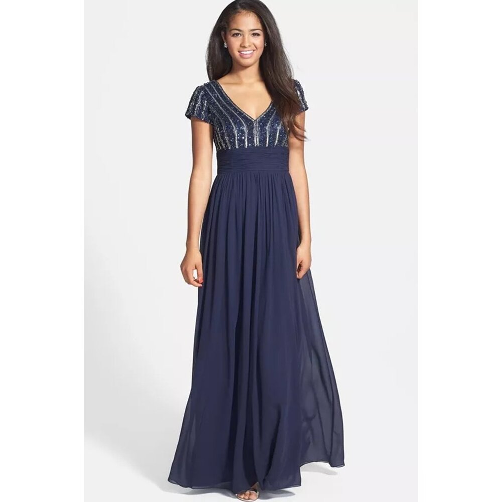 $300 JS COLLECTIONS Embellished Chiffon Empire Gown NAVY WEDDING BRIDESMAID 6